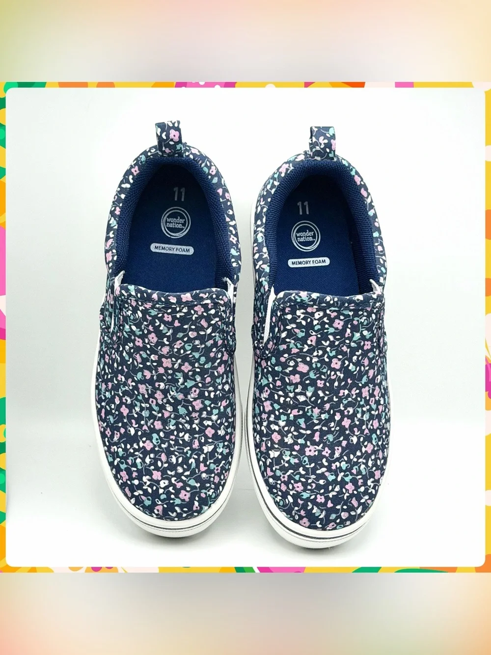 New WONDER NATION Blue Floral Canvas Slip On Sneaker Toddler Girls Size 11